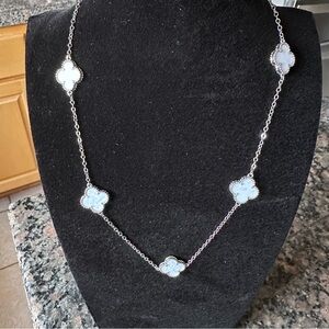 Silver Necklace with White Marble Clover Charms Adjustable NWT